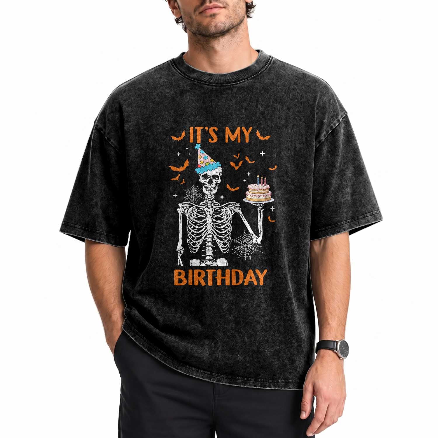 Funny Halloween Birthday Washed Cotton T-Shirt Its My Bday Skeleton Cake Party