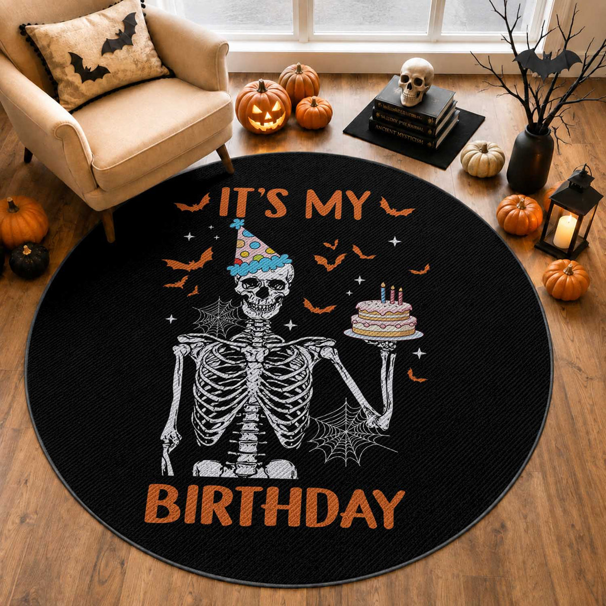 Funny Halloween Birthday Round Rug Its My Bday Skeleton Cake Party