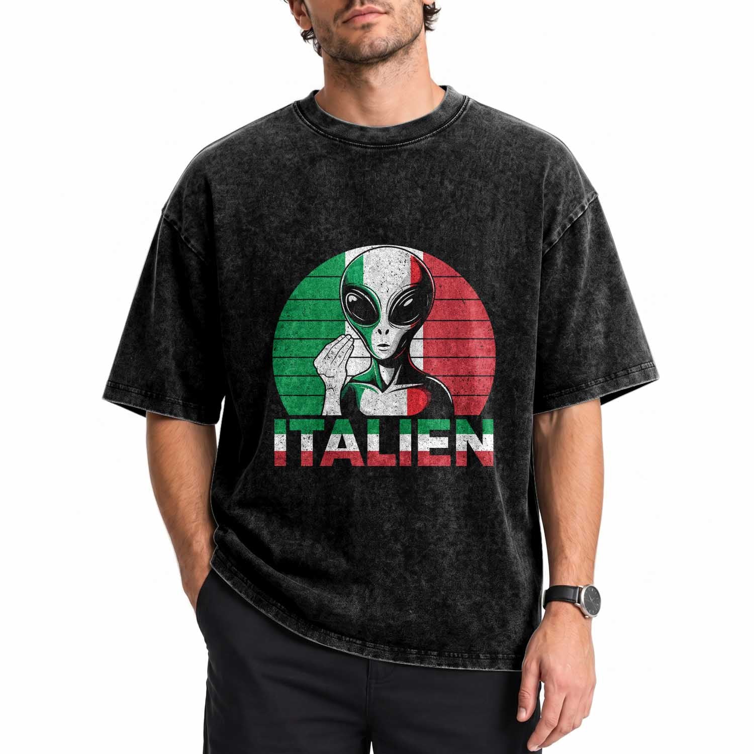 Funny Italian Alien Pun Washed Cotton T-Shirt Italien Italy Hand Gesture