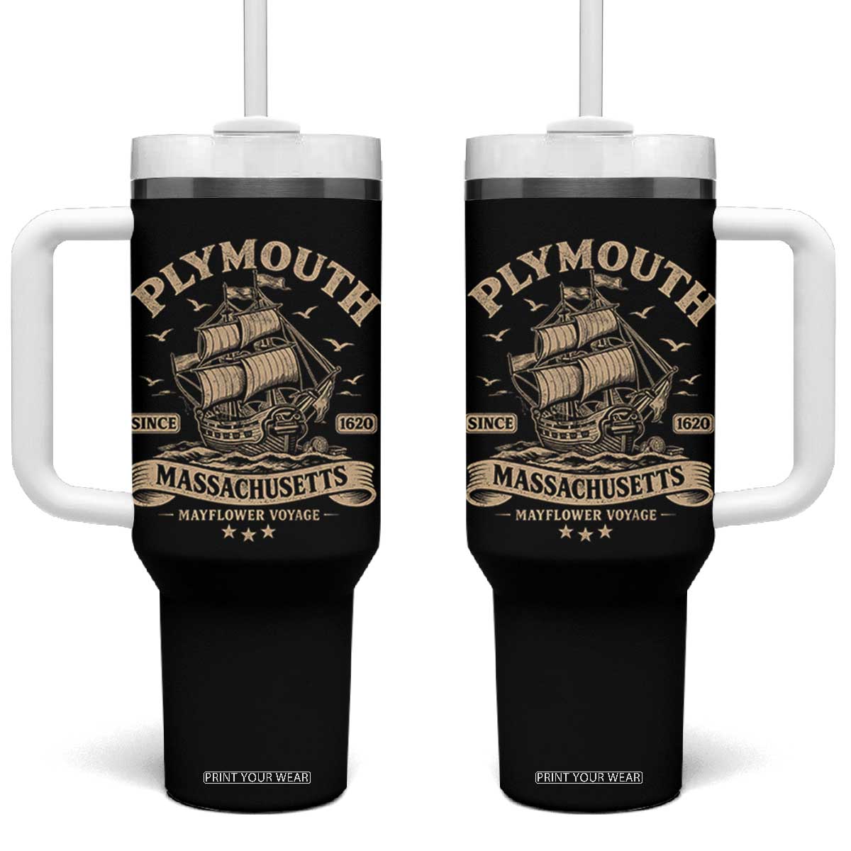 Plymouth Massachusetts Mayflower Voyage Since 1620 Tumbler With Handle Pilgrims Thanksgiving History