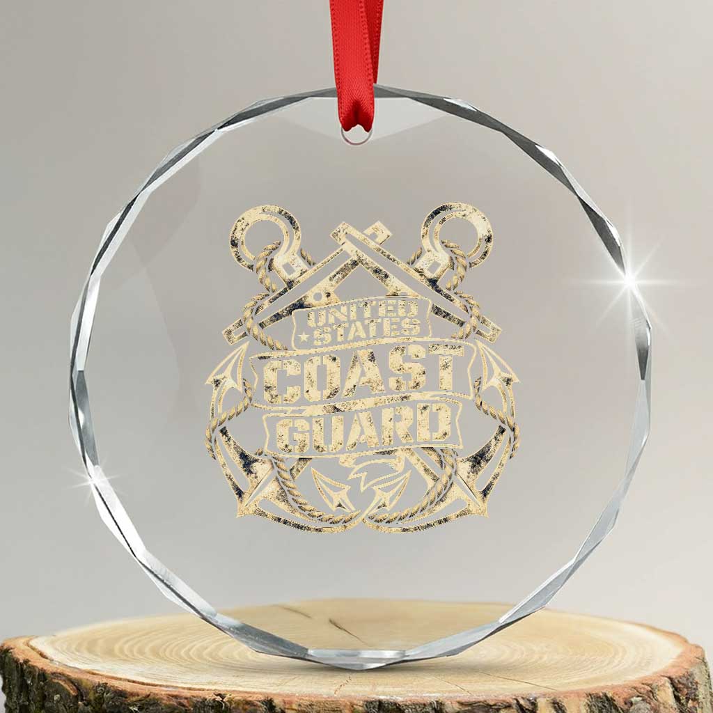 US Coast Guard Veteran Crystal Glass Ornament Vintage Crossed Anchors Military Armed Forces