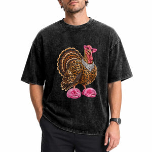 Funny Leopard Glam Turkey Thanksgiving Boujee Chic Washed Cotton T-Shirt