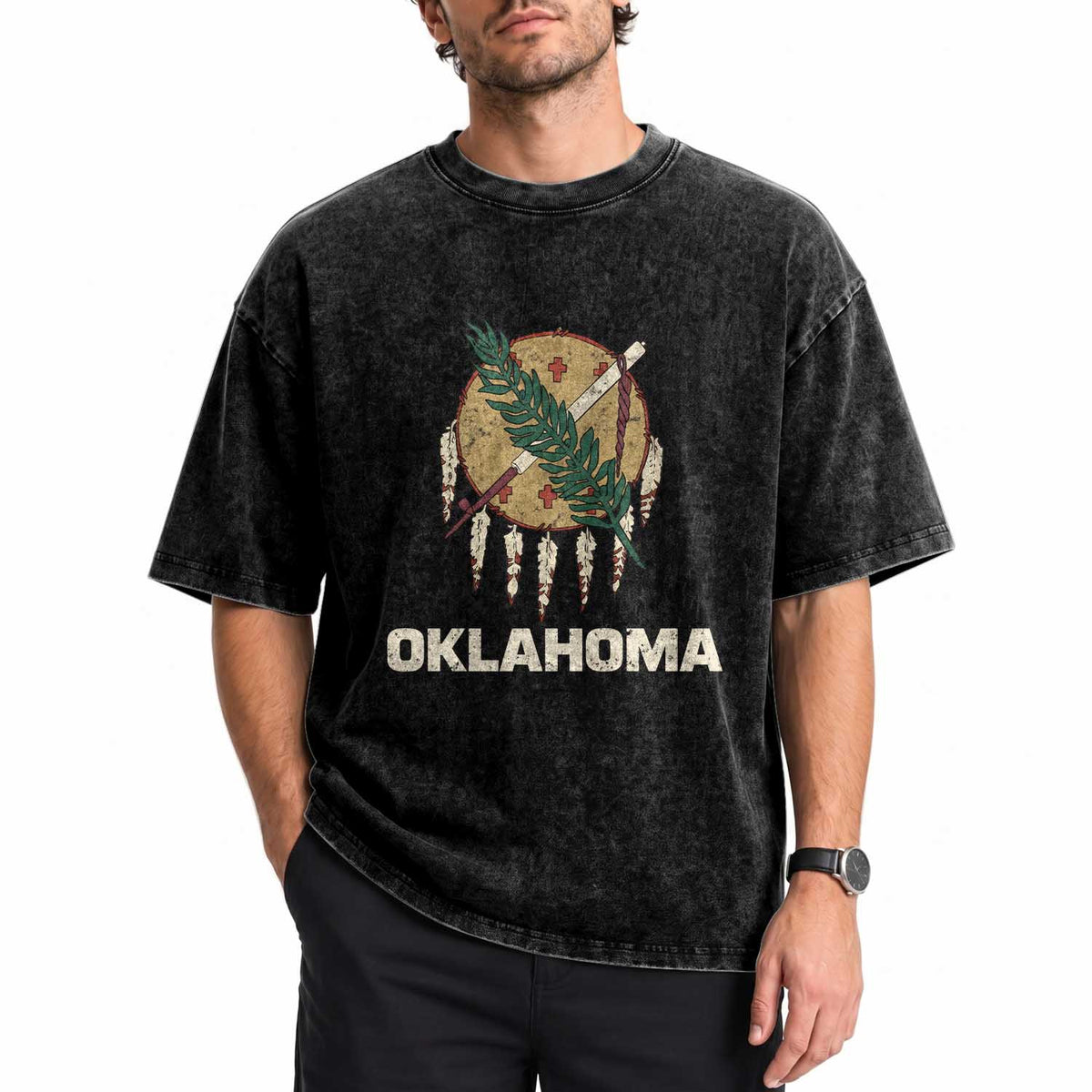 State Flags of Oklahoma Washed Cotton T-Shirt Vintage Distressed Native Osage Shield