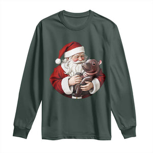 Funny Moo Deng Christmas Long Sleeve Shirt Santa Cute Hippo Zoo Meme Baby Pygmy TS11 Dark Forest Green Print Your Wear