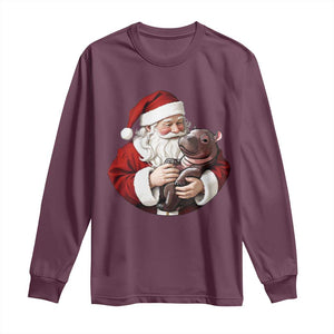 Funny Moo Deng Christmas Long Sleeve Shirt Santa Cute Hippo Zoo Meme Baby Pygmy TS11 Maroon Print Your Wear