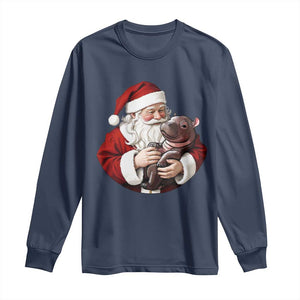 Funny Moo Deng Christmas Long Sleeve Shirt Santa Cute Hippo Zoo Meme Baby Pygmy TS11 Navy Print Your Wear