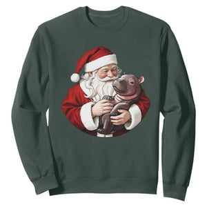 Funny Moo Deng Christmas Sweatshirt Santa Cute Hippo Zoo Meme Baby Pygmy TS11 Dark Forest Green Print Your Wear