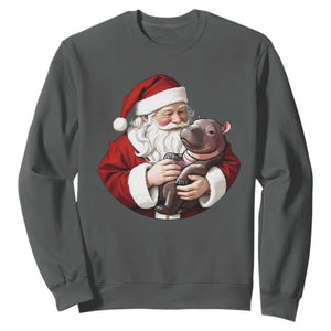 Funny Moo Deng Christmas Sweatshirt Santa Cute Hippo Zoo Meme Baby Pygmy TS11 Dark Heather Print Your Wear