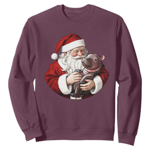 Funny Moo Deng Christmas Sweatshirt Santa Cute Hippo Zoo Meme Baby Pygmy TS11 Maroon Print Your Wear