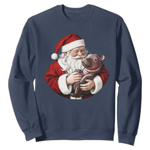 Funny Moo Deng Christmas Sweatshirt Santa Cute Hippo Zoo Meme Baby Pygmy TS11 Navy Print Your Wear