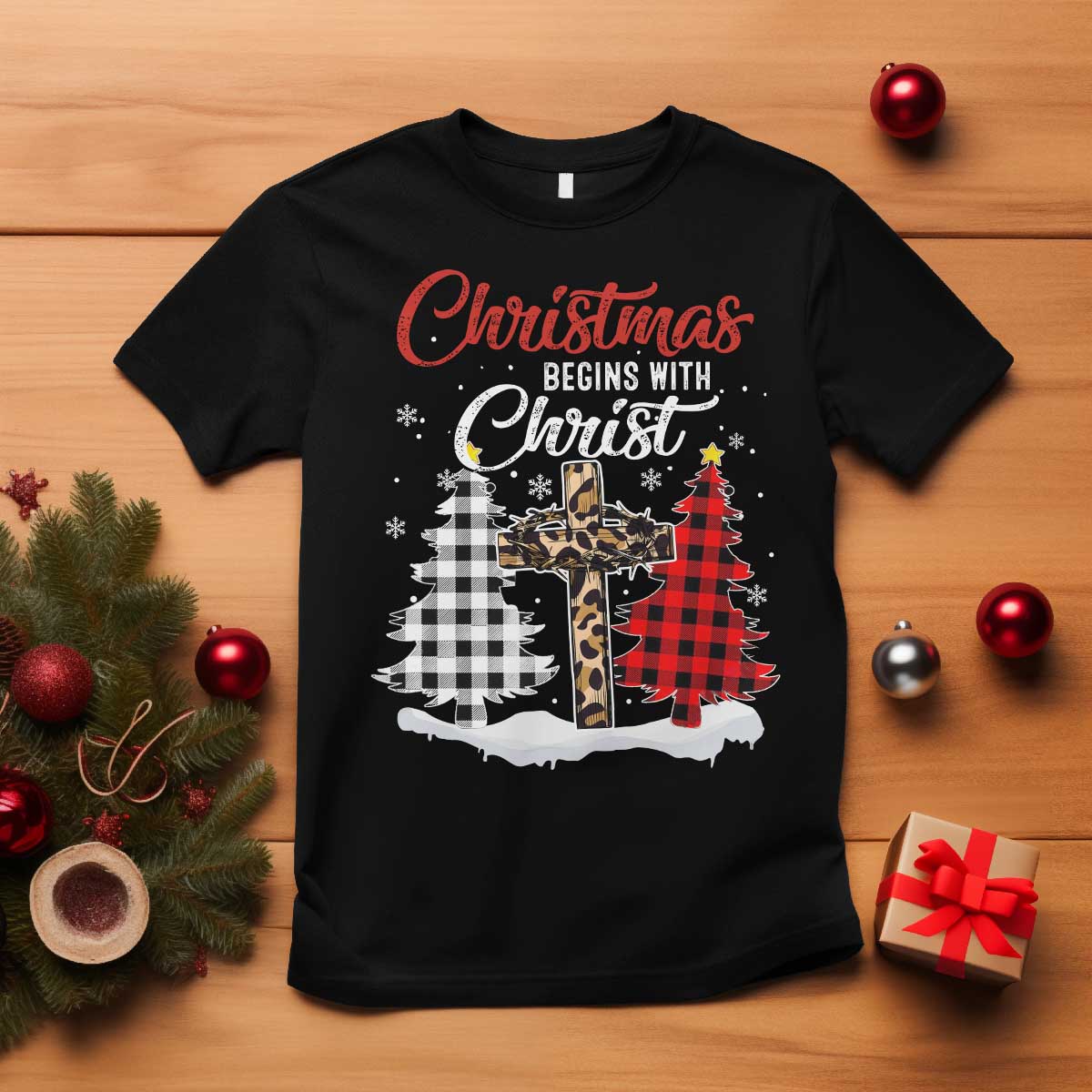 Christmas Begins With Christ T Shirt Leopard Cross Plaid Xmas Tree TS11 Black Print Your Wear