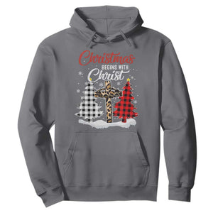 Christmas Begins With Christ Hoodie Leopard Cross Plaid Xmas Tree TS11 Charcoal Print Your Wear
