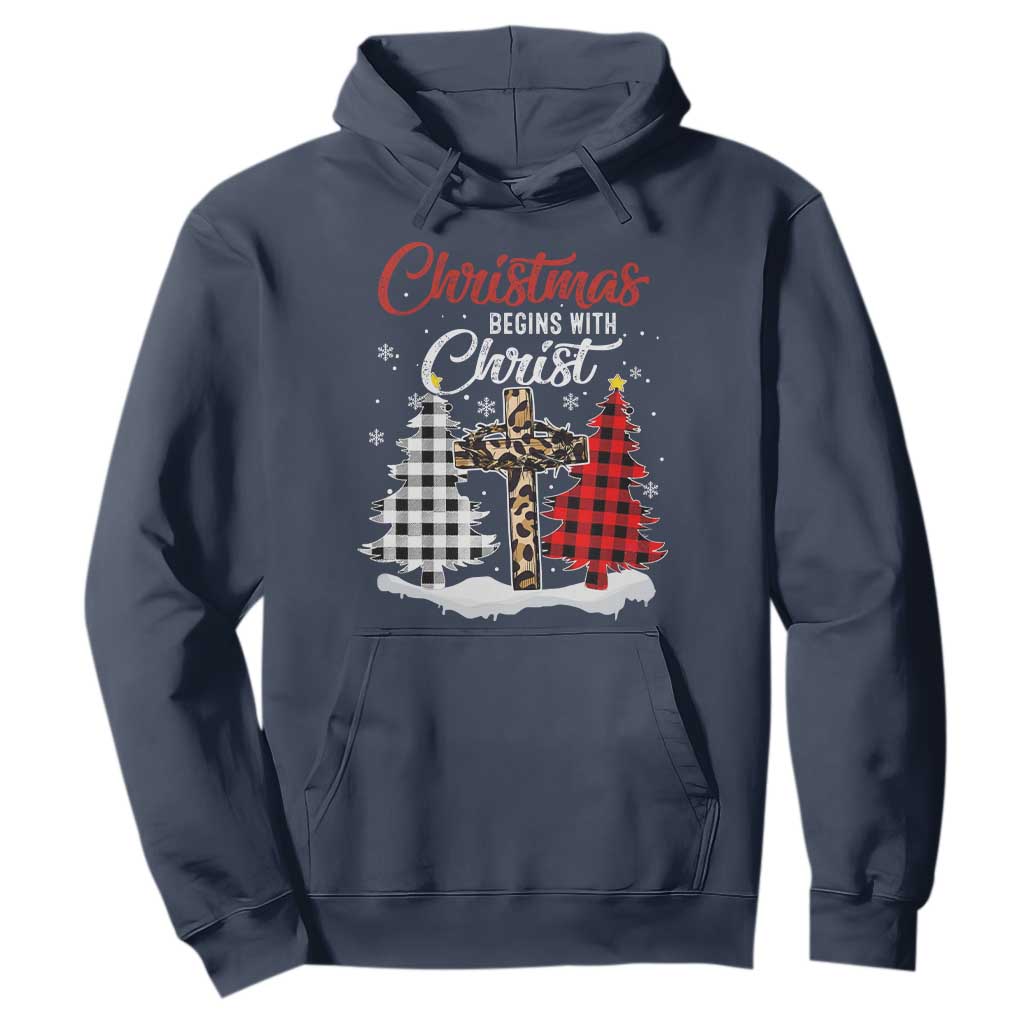 Christmas Begins With Christ Hoodie Leopard Cross Plaid Xmas Tree TS11 Navy Print Your Wear