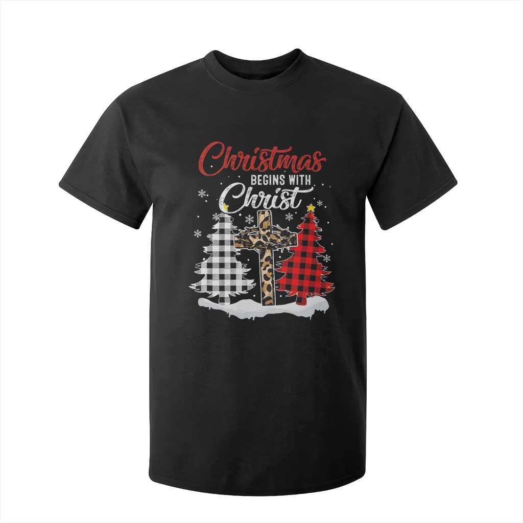 Christmas Begins With Christ T Shirt For Kid Leopard Cross Plaid Xmas Tree TS11 Black Print Your Wear