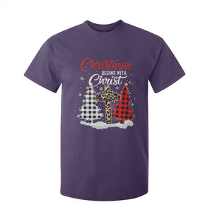 Christmas Begins With Christ T Shirt For Kid Leopard Cross Plaid Xmas Tree TS11 Purple Print Your Wear