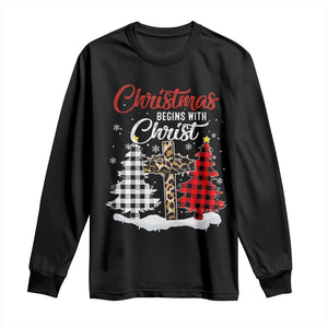 Christmas Begins With Christ Long Sleeve Shirt Leopard Cross Plaid Xmas Tree TS11 Black Print Your Wear