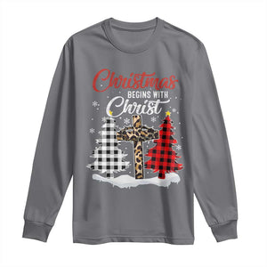 Christmas Begins With Christ Long Sleeve Shirt Leopard Cross Plaid Xmas Tree TS11 Charcoal Print Your Wear