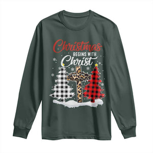 Christmas Begins With Christ Long Sleeve Shirt Leopard Cross Plaid Xmas Tree TS11 Dark Forest Green Print Your Wear