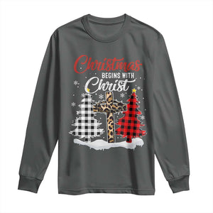 Christmas Begins With Christ Long Sleeve Shirt Leopard Cross Plaid Xmas Tree TS11 Dark Heather Print Your Wear