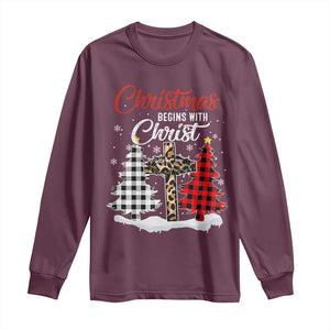 Christmas Begins With Christ Long Sleeve Shirt Leopard Cross Plaid Xmas Tree TS11 Maroon Print Your Wear