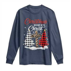 Christmas Begins With Christ Long Sleeve Shirt Leopard Cross Plaid Xmas Tree TS11 Navy Print Your Wear