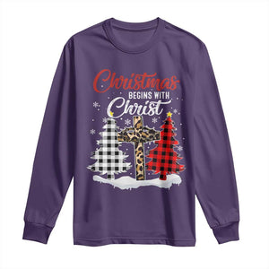 Christmas Begins With Christ Long Sleeve Shirt Leopard Cross Plaid Xmas Tree TS11 Purple Print Your Wear