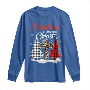 Christmas Begins With Christ Long Sleeve Shirt Leopard Cross Plaid Xmas Tree TS11 Royal Blue Print Your Wear