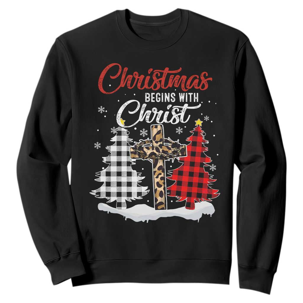 Christmas Begins With Christ Sweatshirt Leopard Cross Plaid Xmas Tree TS11 Black Print Your Wear