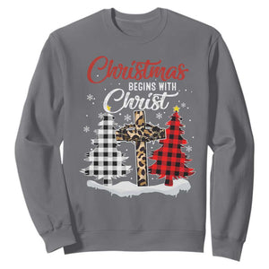 Christmas Begins With Christ Sweatshirt Leopard Cross Plaid Xmas Tree TS11 Charcoal Print Your Wear