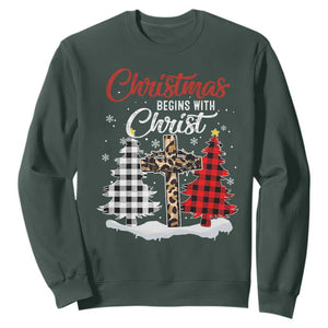 Christmas Begins With Christ Sweatshirt Leopard Cross Plaid Xmas Tree TS11 Dark Forest Green Print Your Wear