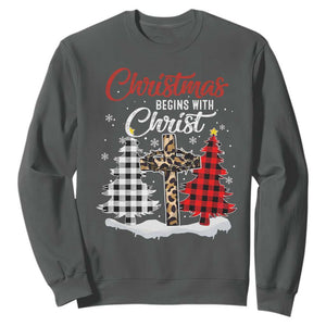 Christmas Begins With Christ Sweatshirt Leopard Cross Plaid Xmas Tree TS11 Dark Heather Print Your Wear