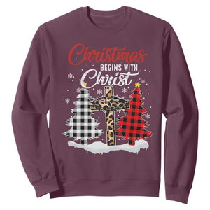 Christmas Begins With Christ Sweatshirt Leopard Cross Plaid Xmas Tree TS11 Maroon Print Your Wear