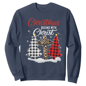 Christmas Begins With Christ Sweatshirt Leopard Cross Plaid Xmas Tree TS11 Navy Print Your Wear