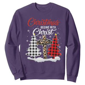 Christmas Begins With Christ Sweatshirt Leopard Cross Plaid Xmas Tree TS11 Purple Print Your Wear