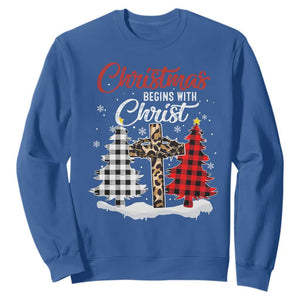 Christmas Begins With Christ Sweatshirt Leopard Cross Plaid Xmas Tree TS11 Royal Blue Print Your Wear