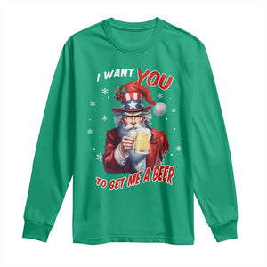 Funny Christmas Beer Long Sleeve Shirt I Want You To Get Me A Beer Santa Uncle Sam TS11 Irish Green Print Your Wear