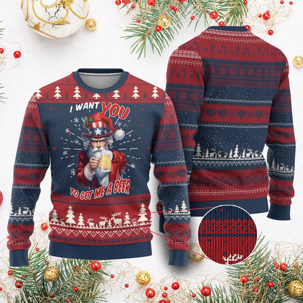 Funny Christmas Beer Ugly Christmas Sweater I Want You To Get Me A Beer Santa Uncle Sam TS11 Burgundy Print Your Wear