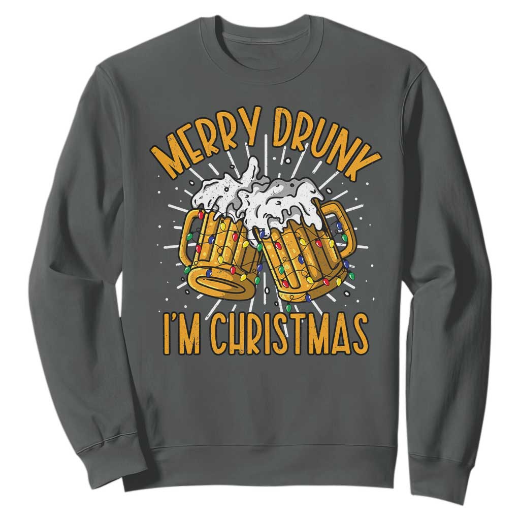 Funny Merry Drunk I'm Christmas Sweatshirt Vintage Beer Mugs Xmas TS11 Dark Heather Print Your Wear