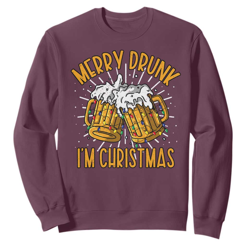 Funny Merry Drunk I'm Christmas Sweatshirt Vintage Beer Mugs Xmas TS11 Maroon Print Your Wear