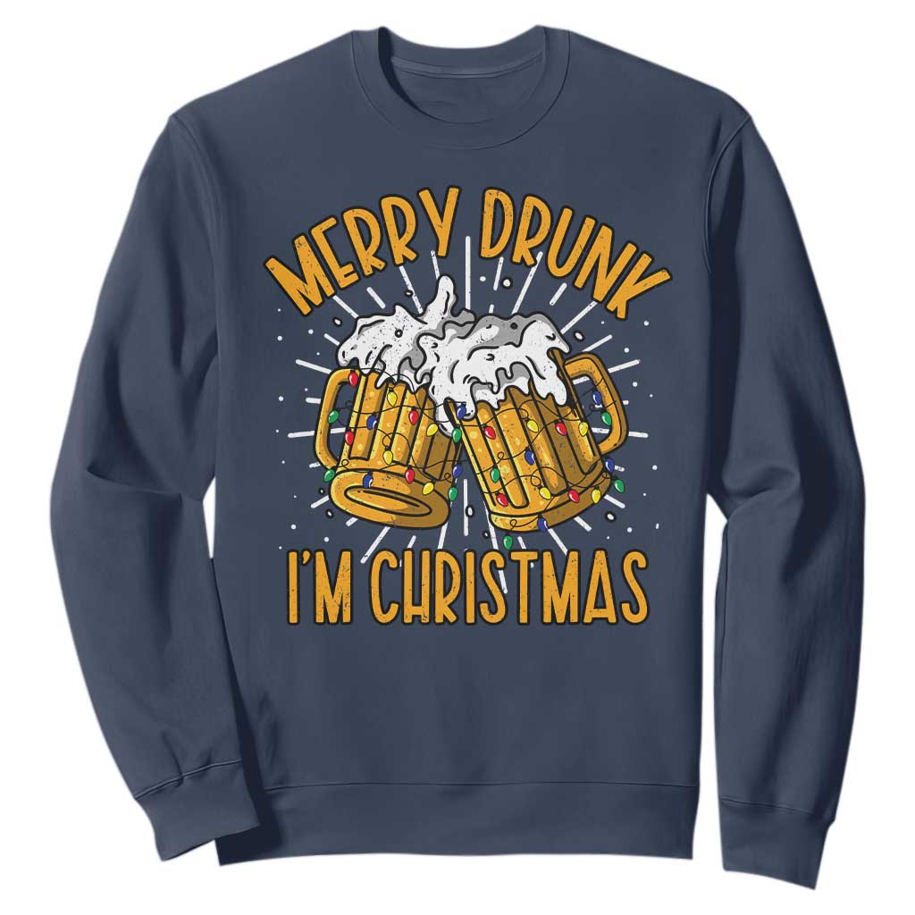 Funny Merry Drunk I'm Christmas Sweatshirt Vintage Beer Mugs Xmas TS11 Navy Print Your Wear