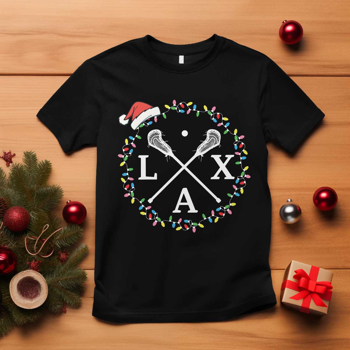 Funny Christmas Lacrosse Lax Stick Santa Hat T Shirt TS11 Black Print Your Wear