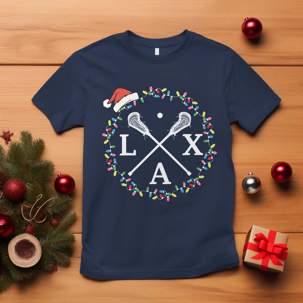 Funny Christmas Lacrosse Lax Stick Santa Hat T Shirt TS11 Navy Print Your Wear