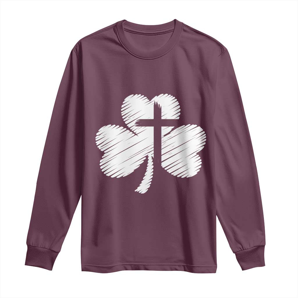 St Patricks Day Christian Religious Shamrock Cross Long Sleeve Shirt TS11 Maroon Print Your Wear