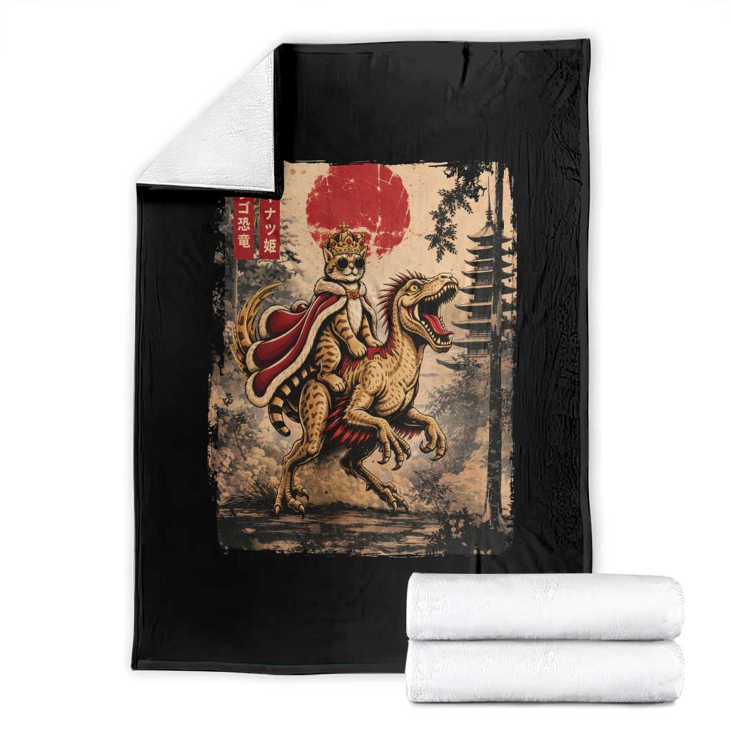 Cat Princess Riding Raptor Dinosaur Throw Blanket Japanese Vintage Graphic Ukiyoe Art TS11 Black Print Your Wear