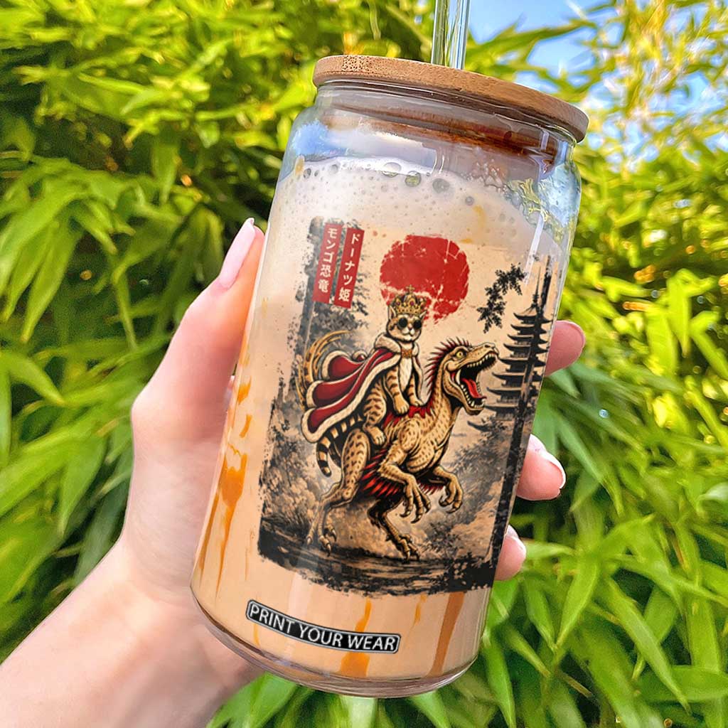 Cat Princess Riding Raptor Dinosaur Glass Can Japanese Vintage Graphic Ukiyoe Art TS11 Black Print Your Wear