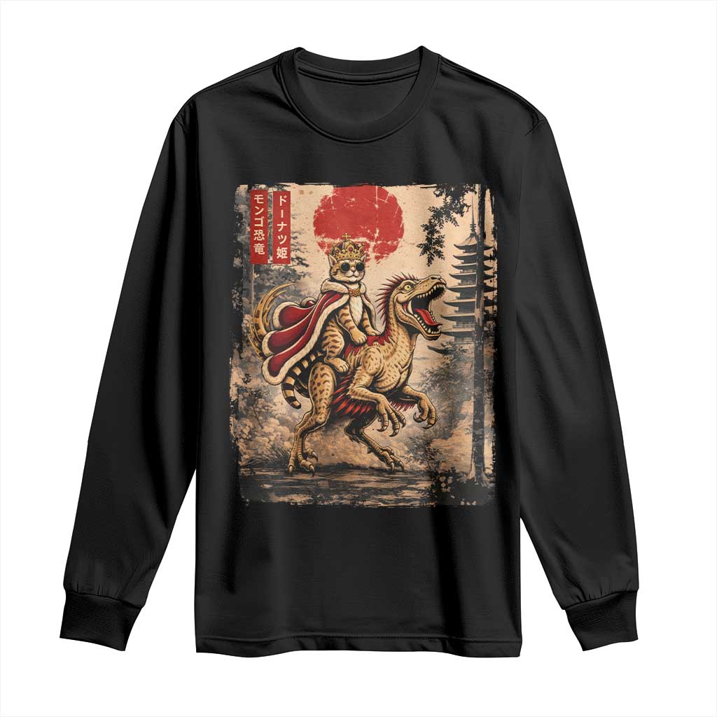 Cat Princess Riding Raptor Dinosaur Long Sleeve Shirt Japanese Vintage Graphic Ukiyoe Art TS11 Black Print Your Wear