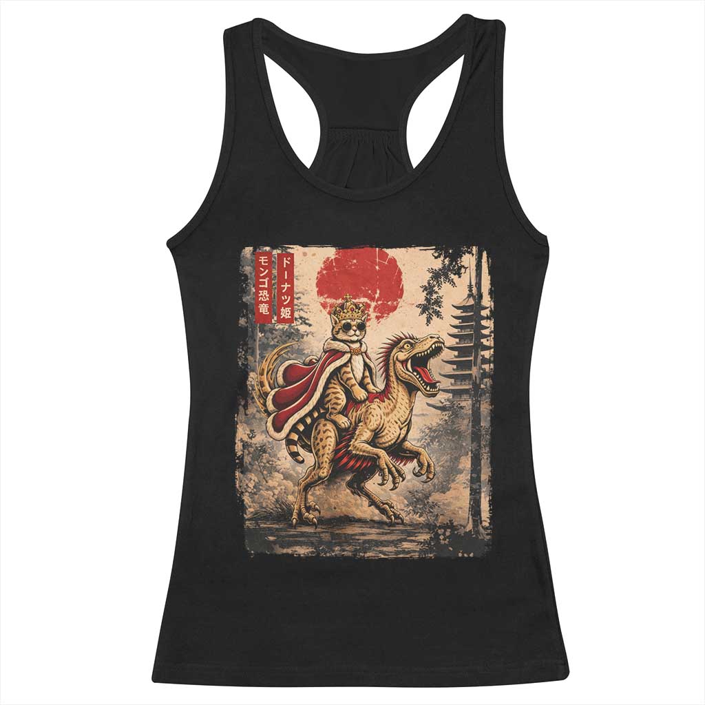 Cat Princess Riding Raptor Dinosaur Racerback Tank Top Japanese Vintage Graphic Ukiyoe Art TS11 Black Print Your Wear