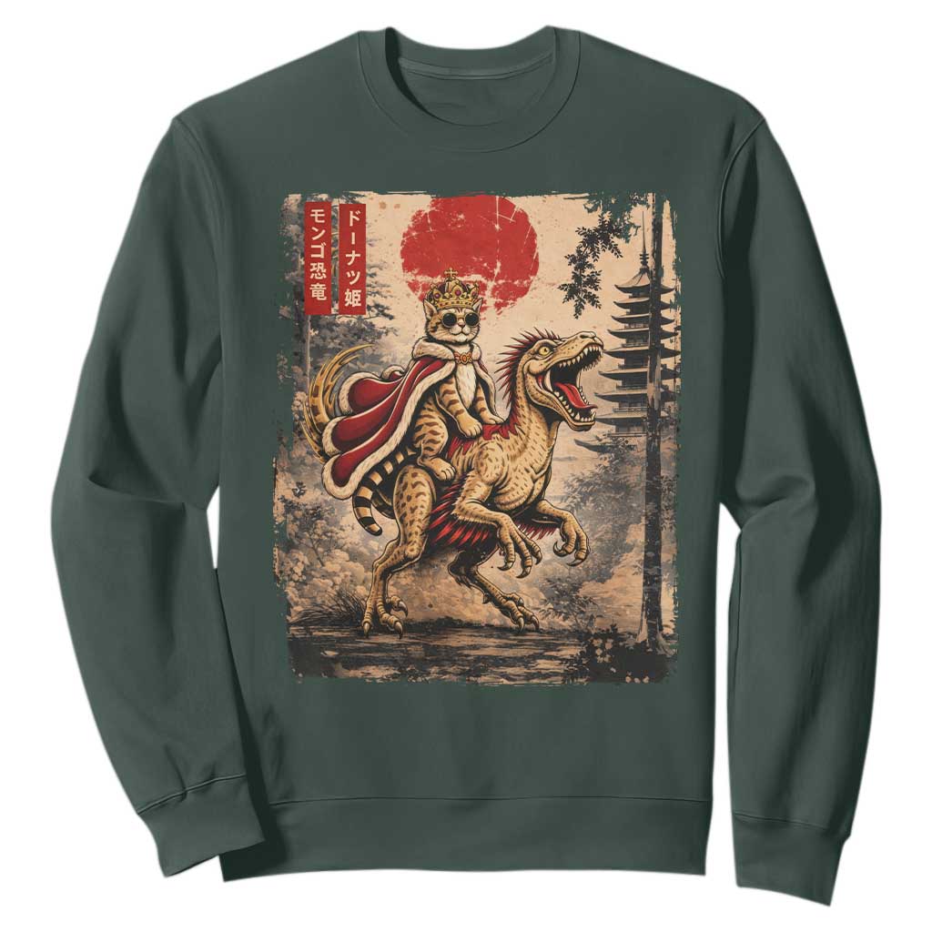 Cat Princess Riding Raptor Dinosaur Sweatshirt Japanese Vintage Graphic Ukiyoe Art TS11 Dark Forest Green Print Your Wear