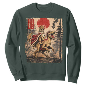 Cat Princess Riding Raptor Dinosaur Sweatshirt Japanese Vintage Graphic Ukiyoe Art TS11 Dark Forest Green Print Your Wear
