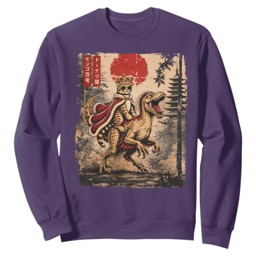 Cat Princess Riding Raptor Dinosaur Sweatshirt Japanese Vintage Graphic Ukiyoe Art TS11 Purple Print Your Wear